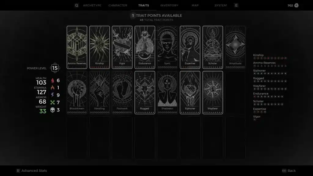 Screenshot from the game showcasing the Trait Points menu, emphasizing the Vigor and Endurance traits