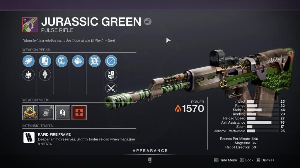 jurassic green d2 god roll for pvp